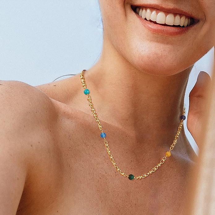 MTMY Beaded Necklaces for Women 14K Gold Plated Dainty Colorful Green/Rose Beaded Pearl Choker Necklace Delicate Boho Choker Necklace Jewelry Gift