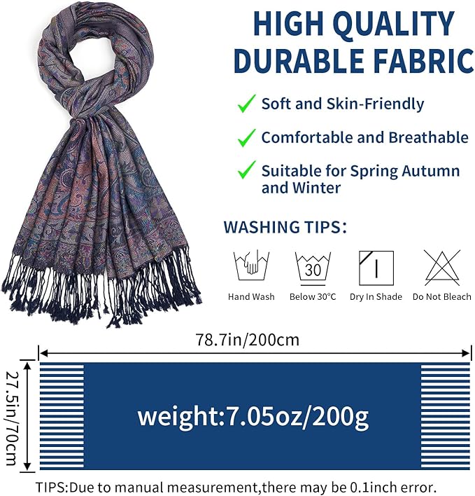 QIUTIMIY Paisley Pashmina Shawl Wrap Women Reversible Vintage Jacquard Pashmina Rave Scarf with Fringe for Evening, Wedding