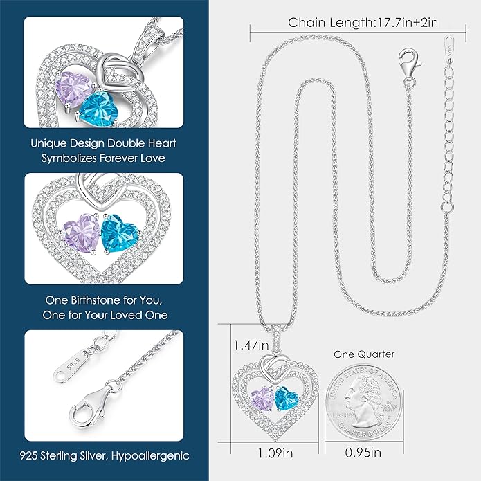 LOUISA SECRET Sparkling Double Heart Birthstone Necklaces for Women, 925 Sterling Silver Fine Jewelry, Pendant Heart Necklaces Birthday Anniversary Christmas Gift for Women Wife Mom Girlfriend Lady