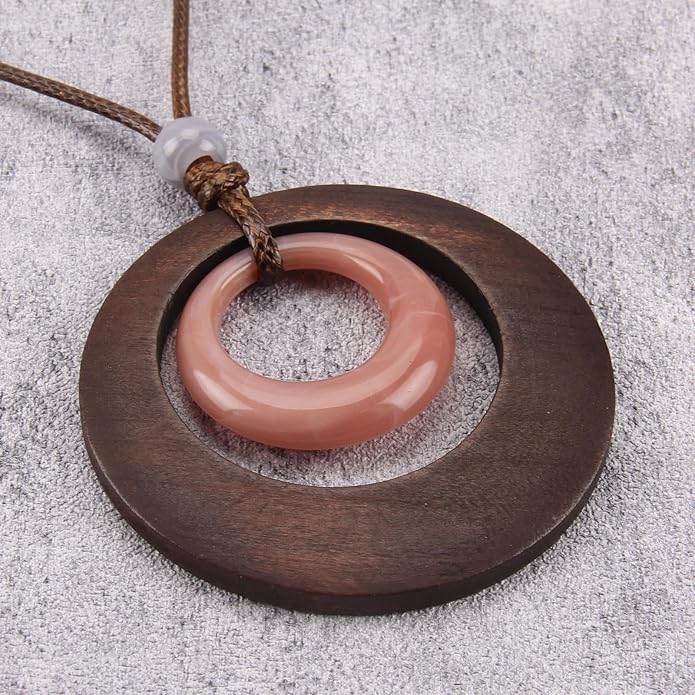 Long Boho Necklaces for Women Vintage Leather Wooden Pendant Y Choker Ethnic Style Gold Circle Hippie Sweater Necklace