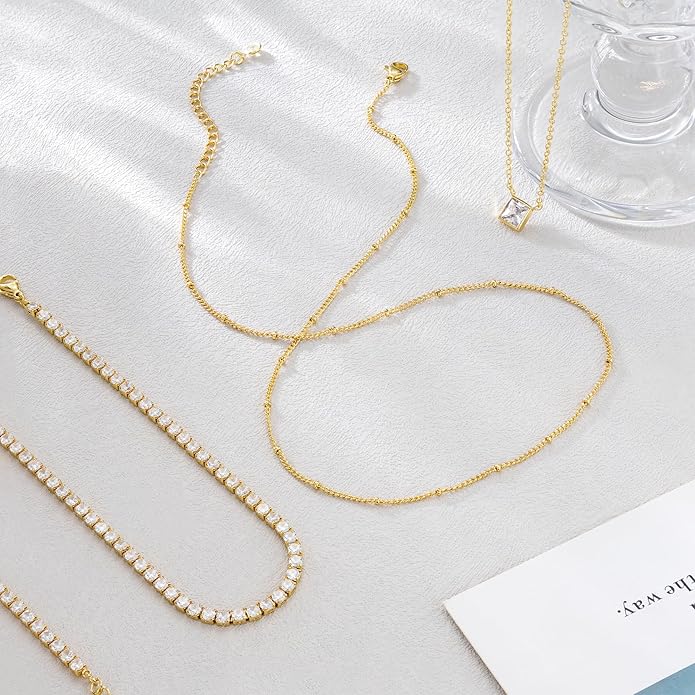 CHESKY 14K Gold Plated Layered Necklaces for Women,Dainty Gold/Silver Plated Chain Necklace CZ Pendant Necklace Adjustable Layering Choker Necklace jewelry Gifts