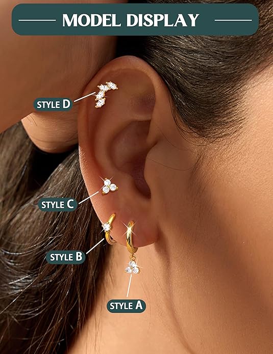 Florideco 925 Sterling Silver Earrings for Women Trendy Hypoallergenic Small Gold Hoop Earrings 14K Gold Plated Stud Earring Sets for Multiple Piercing CZ Ear Cuff Cartilage Earring Stacks