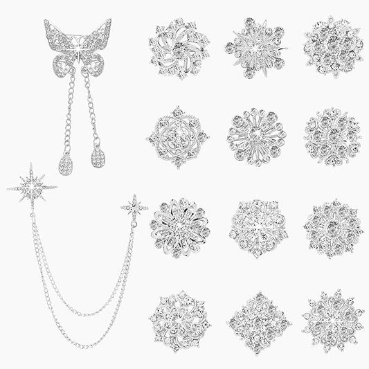Yhsheen Silver Rhinestone Brooches Pin Kits Crystal Pearl Brooches for Bouquets for Wedding Decoration Accessories Jewelry Making Crafts(Sliver-14PCS)-C