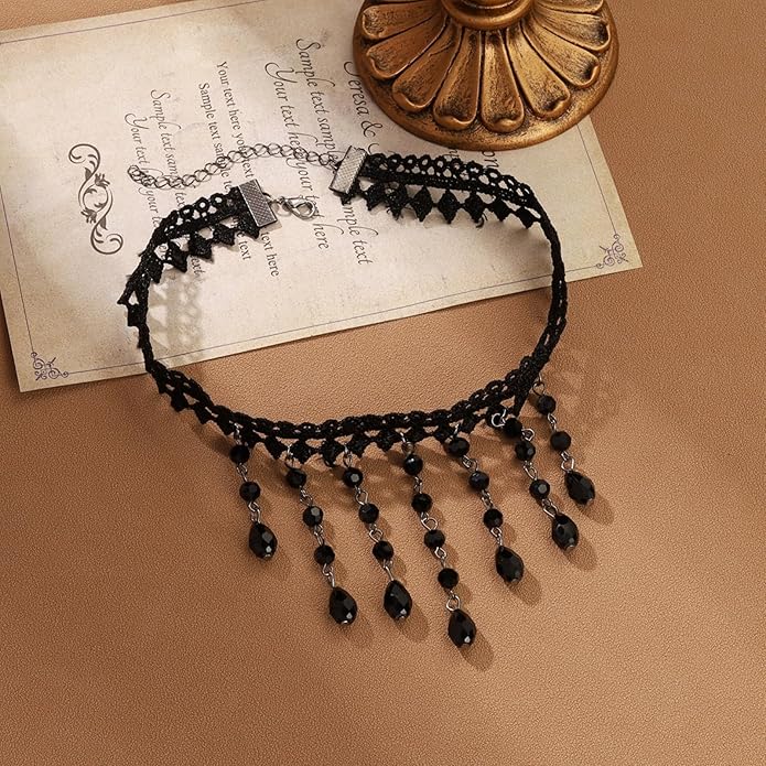 Vintage Lace Choker Necklace for Women Gothic Style Black Crystal Hollowed Out Necklace Statement Layered Tassels Necklace Victoria Halloween Vampire Jewelry