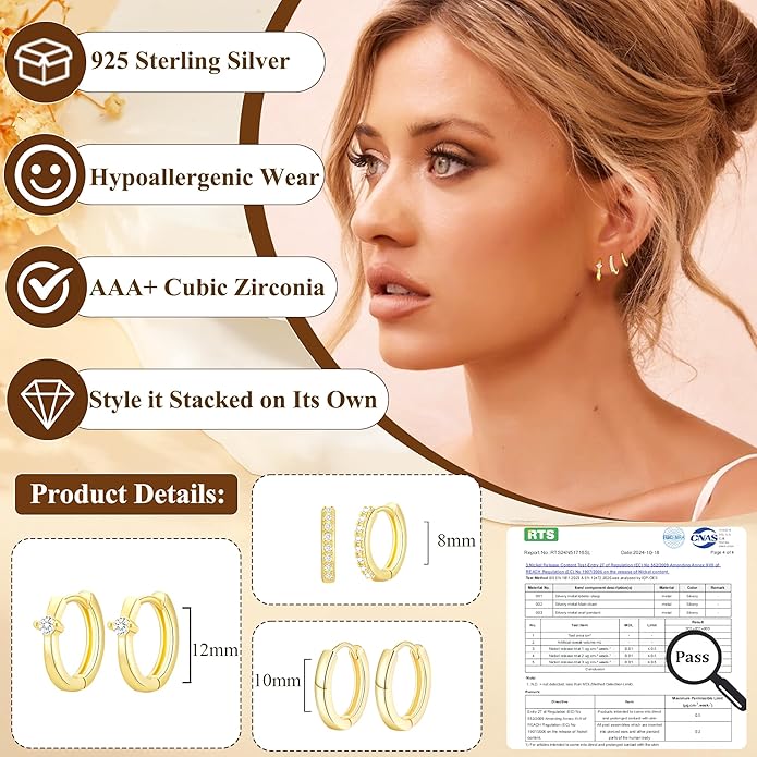 DORANA Valentines Day Gift 3 Pairs 925 Sterling Silver Earrings for Women Girls Non Tarnish Small Hypoallergenic Huggie Hoops Cartilage Stack Earring Sets for Multiple Piercing