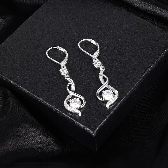 Sterling Silver Dangle Earrings for Women Trendy Hypoallergenic Leverback Silver Drop Earrings with Cubic Zirconia Double Twisted Infinity Heart Ball Charm Dangle Drop Earring Jewelry
