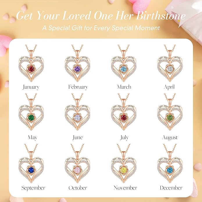 CDE Christmas Gifts for Women S925 Silver Rose Gold Heart Birthstone Necklaces for Women，Ideal Anniversary or Birthday Jewelry Gifts for Wife Girlfriend Her