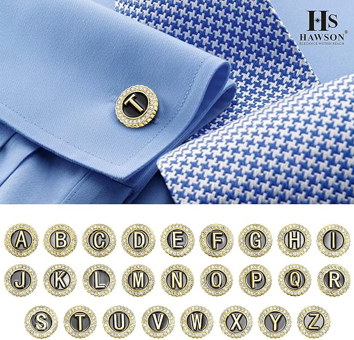 HAWSON A-Z Initial Cufflinks for Men and Women with Clear Crystal, Gold Silver Color Rasied Letter A-Z Cuff Links for French Shirt, Gift for Normal and Business Wearing