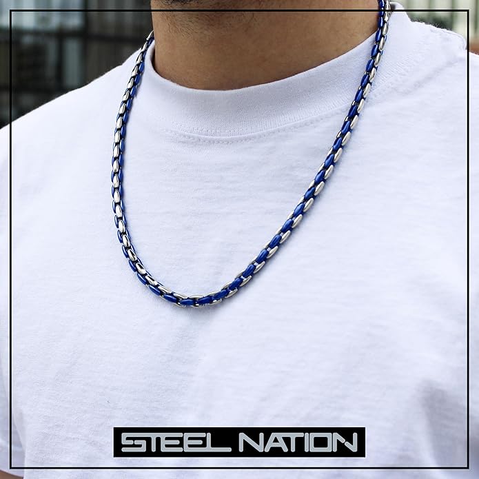 Stainless Steel and Blue Ion-Plate 6.3mm Oval Link 24" Chain Necklace