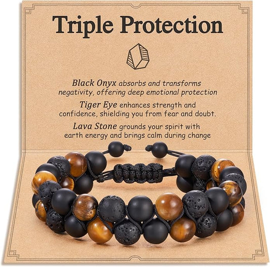 HGDEER Triple Protection Bracelet for Men & Teens - 100% Natural Black Onyx, Tiger Eye & Lava Stone Beads - Adjustable Size with Meaning Card