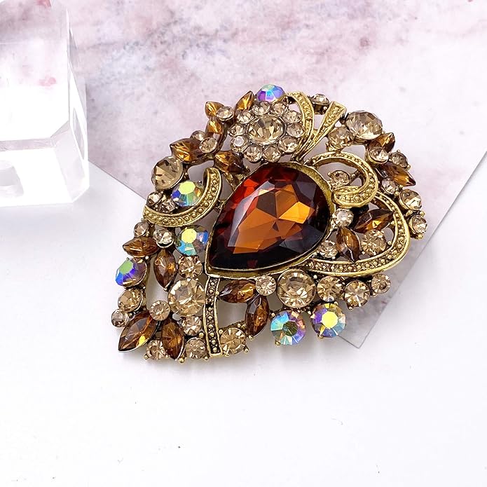 LAXPICOL Women's Vintage Austrian Crystal Elegant Flower Teardrop Brooch Gold Tone