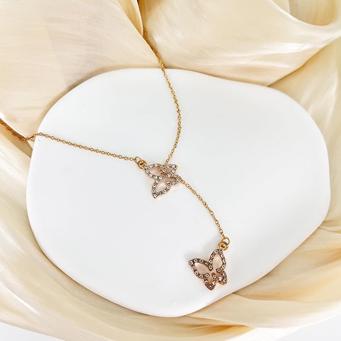 Irregular Y2k Long Y-shaped Necklace with Zircon Inlaid Sparkling Brick Tassel Pendant Double-Layer Chain High-end Fashion Accessory Women's
