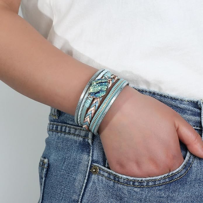 Fesciory Leopard Bracelet for Women, Boho Leather Wrap Multi-Layer Pearl Crystal Bracelet Bangle Jewelry