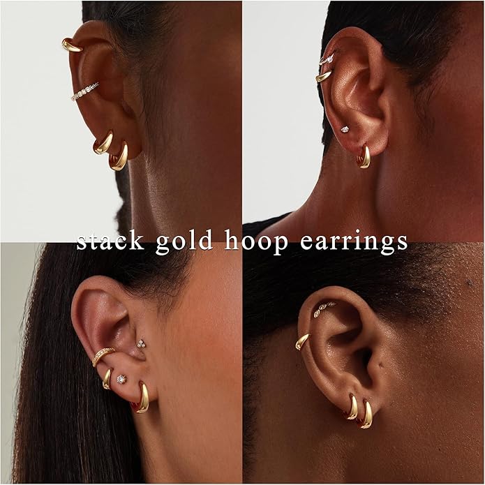 Foxgirl 4 Pairs Small Chunky Huggie Hoop Earrings for Women - Dainty 14K Gold Plated Hypoallergenic Lightweight Stack Earring Sets for Multiple Piercing Trendy Jewelry