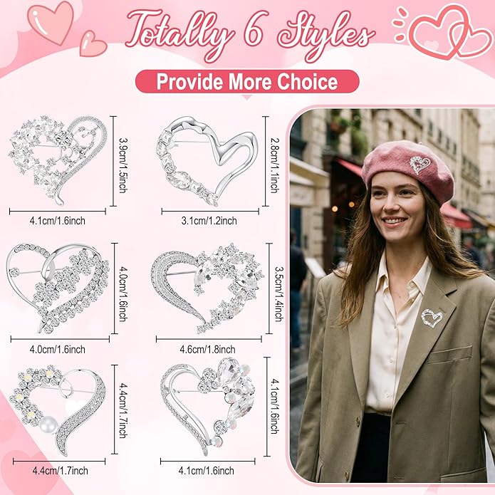 Junkin 6 Pcs Love Heart Brooch Pin Women Crystal Rhinestone Gift Hollow Lapel Crystal Brooch Pins for Girls Party Wedding Festivals Valentine's Day
