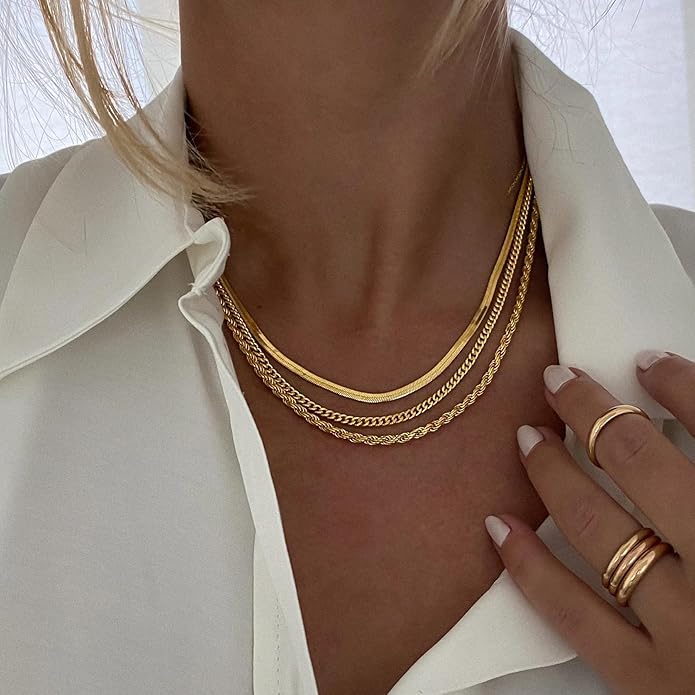 14K Gold Plated Layering Necklaces For Women Gold Necklace Set, Cuban Link, Snake Chain, Paperclip Layered Chains, Twisted Rope and Twisted Chain, Trendy Layering Necklace