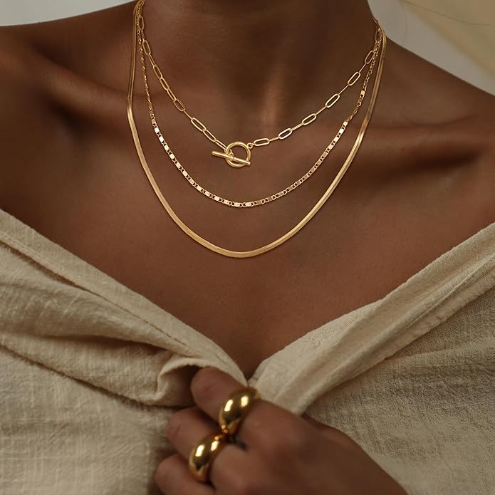 CHESKY 14K Gold Plated Layered Herringbone Necklaces for Women, Trendy Paperclip Snake Chain Necklace Cuban Link Simple Chunky Toggle Clasp Necklace Set Fashion Jewelry