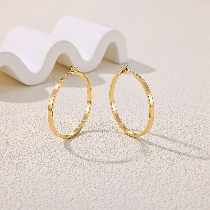Gacimy Flatted Hoop Earrings for Women 14K Gold Plated with 925 Sterling Silver Post