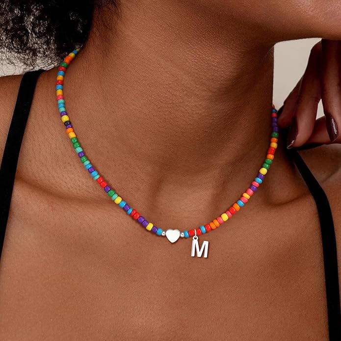 Colorful Initial Necklaces for Girls Women Kids - Teen Girls Gifts Trendy Stuff Beaded Initial Necklace Dainty Letter Choker Necklace for Girl Gifts Jewelry