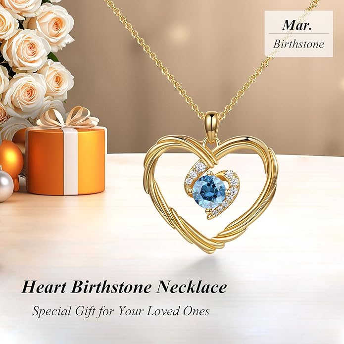 G&GEMSJEW 18K Gold Heart Birthstone Necklaces for Women, S925 Sterling Silver Jewelry Birthday Gifts for Women Wife Girlfriend Mom, Anniversary Christmas Valentines Gifts