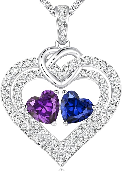 LOUISA SECRET Sparkling Double Heart Birthstone Necklaces for Women, 925 Sterling Silver Fine Jewelry, Pendant Heart Necklaces Birthday Anniversary Christmas Gift for Women Wife Mom Girlfriend Lady