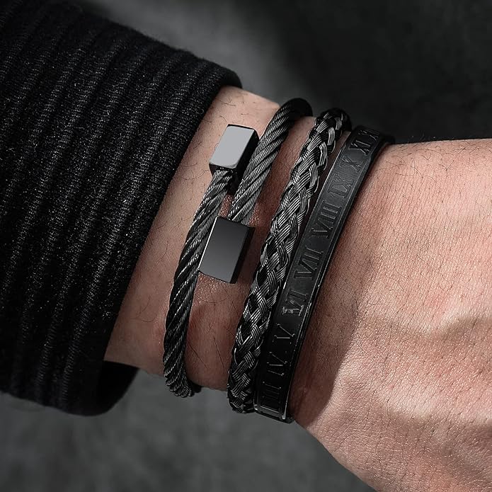 WFYOU 3PCS Stainless Steel Bracelets for Men Gold Roman Numeral Bangle Bracelet Twisted Cable Bracelet Adjustable Cuff Bracelet Mens Luxury Jewelry Bracelets Gifts