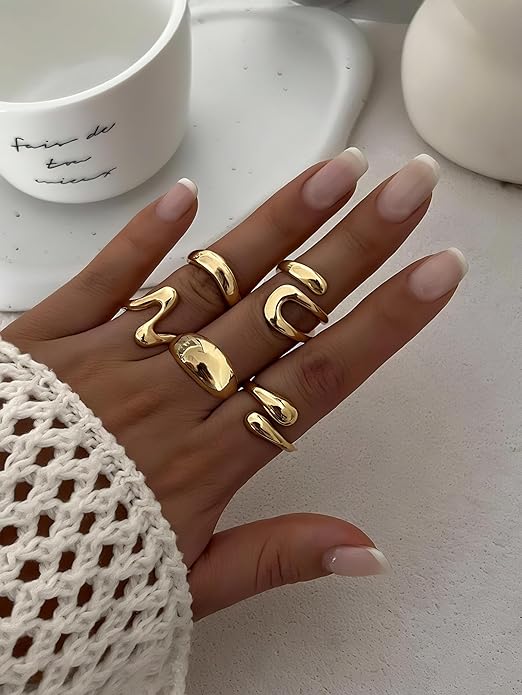 17 MILE Chunky Gold Stackable Rings for Women Non Tarnish, 18K Gold-Plated Statement Open Stacking Rings, Knuckle Band Ring Set