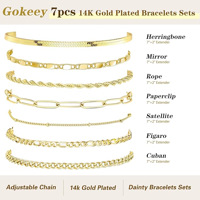 7PCS 14K Gold Plated Bracelets Sets for Women，Dainty Fashion Layered Cuban Link Chain Herringbone Paperclip Chain Bracelets Stack，Trendy Simple Stackable Gold Silver Bracelets Jewelry Gifts