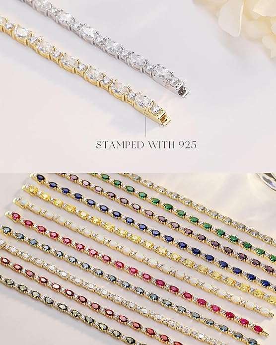 FANCIME 14K Gold Plated Birthstone Bracelets 4mm Sterling Silver Tennis Bracelets Gold Bracelets Birthday Jewelry Gifts for Women 7"