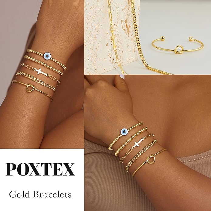 Gold Bracelets for Women Non Tainish,Dainty Bracelets Stack for Women Trendy, Gold Plated Cuff Bracelets Stack With Beaded Cuban Paperclip Snake Rope Bangle Hand Chain Jewelry Gifts for Women