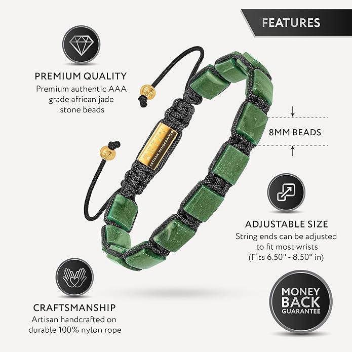 RTZN Jade Bracelet for Men – Premium Artisan Handcrafted Authentic Dark Green Jade Bracelet – 8MM Beaded Stone Mens Jade Bracelets