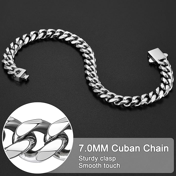 Fiusem Mens Silver Colored Bracelets for Men, Stainless Steel Cuban link Bracelet, 5mm/7mm/8mm Width, 7.1"/7.5"/7.9" Length Jewelry
