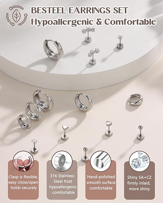 Hypoallergenic 14K Gold Plated Hoop Stud Earrings for Women Surgical Stainless Steel Flat Back Earrings Lightweight Small Chunky Huggie Hoops Cartilage Earring Stacks for Multiple Piercing Women Gifts