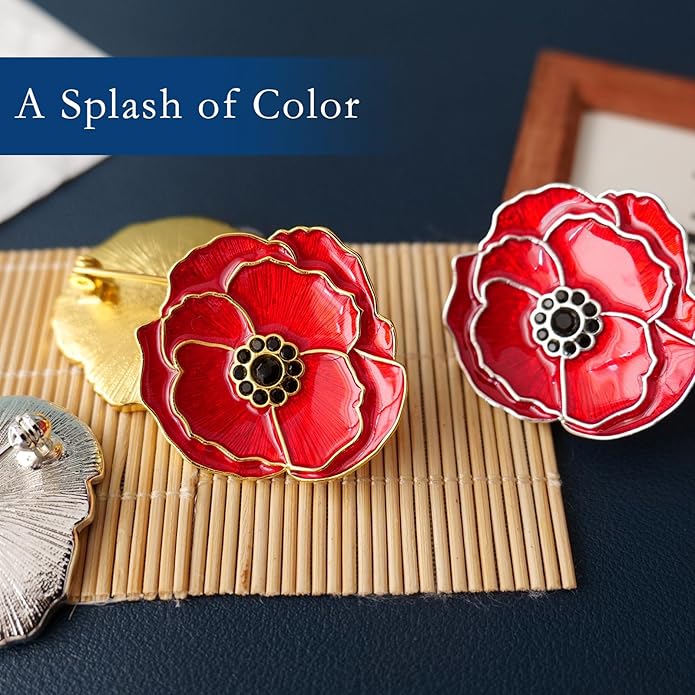 Poppy Flower Brooch - Memorial Day Veterans Day Armistice Day Pins - Remembrance Jewelry Gift Flower Pin for Women Mom Stepmother Grandma