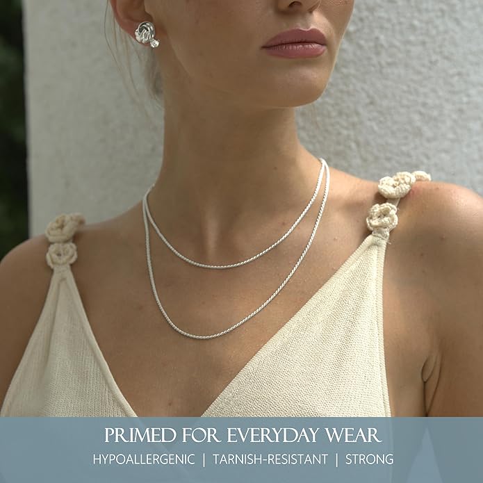 KISPER Solid 925 Sterling Diamond Cut 1.6mm Rope Chain Necklace for Women - Italian Made Durable Hypoallergenic Jewelry 16 18 20 22 24 30 Inch