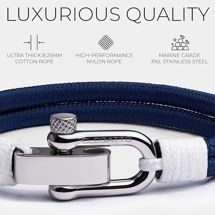 Elegatto Duetto Platinum Rope Bracelet for Men | Double Nautical Nylon Cord with Silver Polished Stainless Steel Shackle Clasp | Waterproof and Fade-Resistant