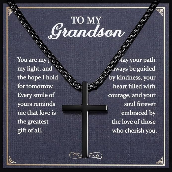 TEN MIRO Silver/Black Cross Necklace for Men Boy Stainless Steel Cross Pendant Necklace for Men Christian Religious Jewelry with Box & Card Birthday Anniversary Christmas Father's Day Gifts for Him