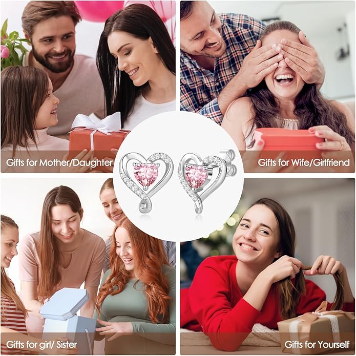 Earrings for Women, S925 Sterling Silver Rose Gold Birthstone Heart Studs Earring for Girlfriend Wife, Anniversary Birthday Christmas Valentines Mothers Day Gifts Jewelry for Women Wife Her Mom
