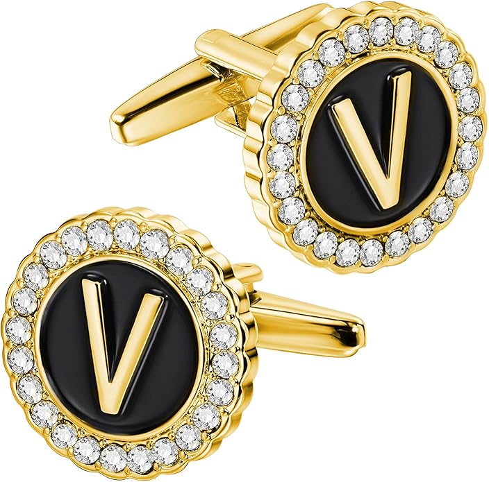 HAWSON A-Z Initial Cufflinks for Men and Women with Clear Crystal, Gold Silver Color Rasied Letter A-Z Cuff Links for French Shirt, Gift for Normal and Business Wearing