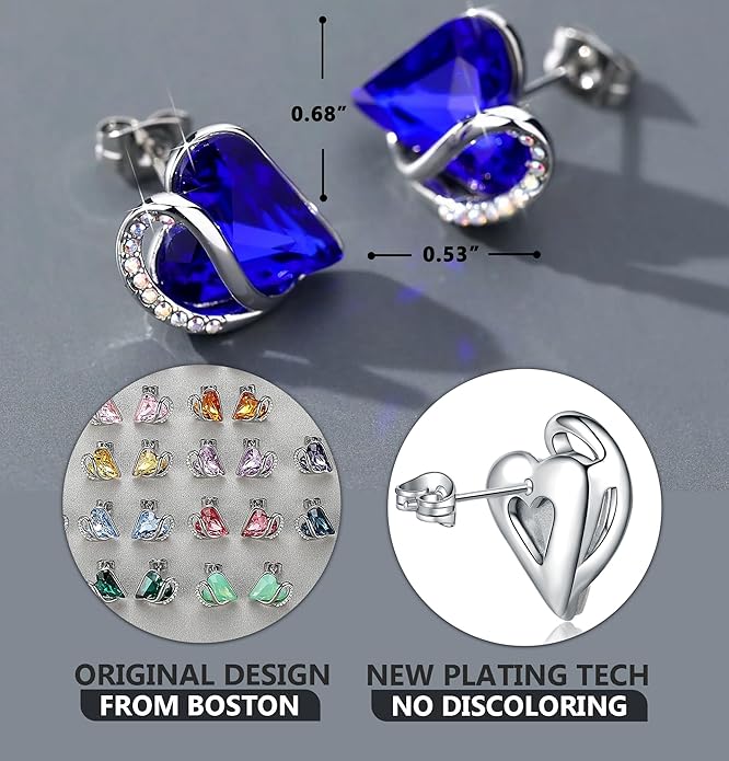 Earrings for Women, Mothers Day Gift for Mom, Heart Birthstone Crystal Stud Earring, Silver Plated Birthday Jewelry