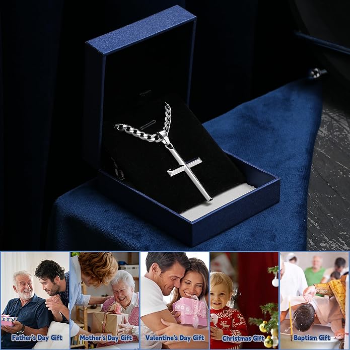 MILACOLATO 925 Sterling Silver Cross Necklace Men - Beveled Edge Cross Pendant with 5mm 316L Stainless Steel Cuban Link Curb Chain Crucifix Necklaces Silver Jewelry for Men Women, 18-30'' Christian Baptism Gift