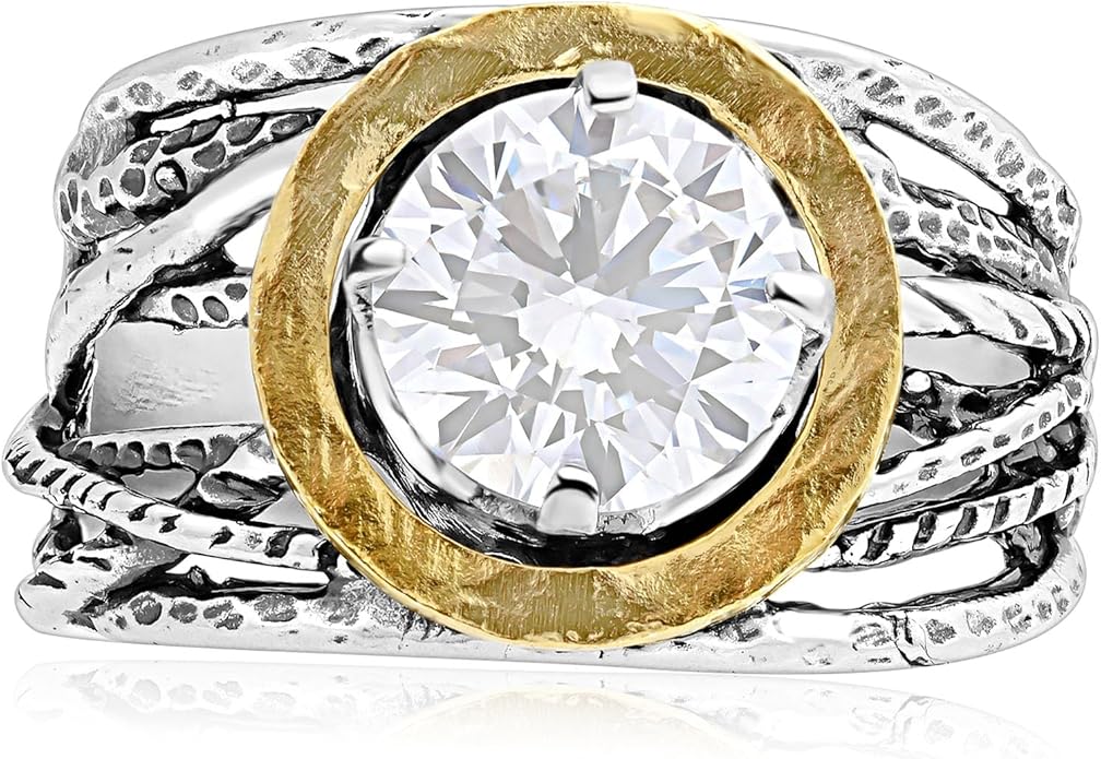 JEAN RACHEL JEWELRY Mixed Metal Two Tone Ring for Women – CZ Wire Wrap – 925 Sterling Silver & 14K Gold Over Silver – Sculptural Wire Band with Round CZ – Hypoallergenic Design