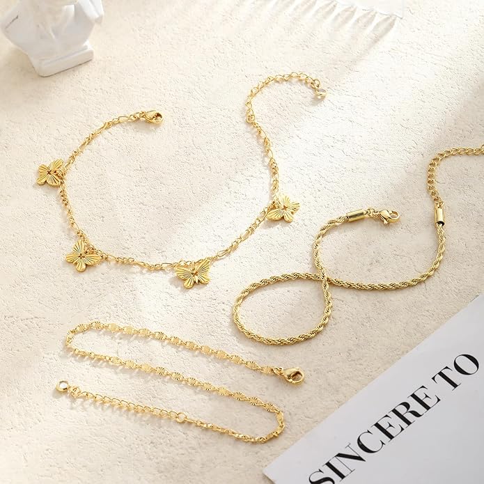 Gold Ankle Bracelets for women,14k Gold/Silver Plated Waterproof Layered lightweight Cuban Link Figaro Chain Heart anklet butterfly anklet Pearl Ankle Bracelets Set Gold Anklets for women Trendy Jewelry Gift for Women
