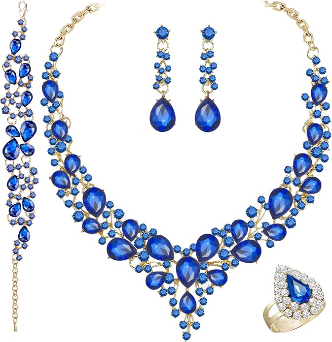 Paxuan Crystal Bridal Wedding Jewelry Sets for Women Rhinestone Teardrop Crystal Statement Choker Necklace Drop Earrings Link Bracelets Rings Teardrop Jewelry Set for Brides Bridesmaids