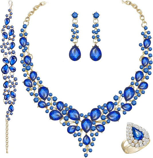 Paxuan Crystal Bridal Wedding Jewelry Sets for Women Rhinestone Teardrop Crystal Statement Choker Necklace Drop Earrings Link Bracelets Rings Teardrop Jewelry Set for Brides Bridesmaids