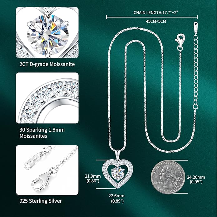 31-Stone Birthstone Heart Necklace for Women | 2ct Moissanite & 30 Sparkling Accents | Valentine's Day, Birthday,Mother's Day, Christmas Gift for Wife, Mother, Girlfriend