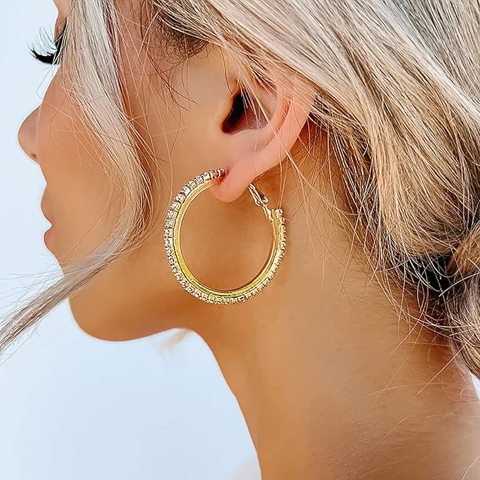 925 Sterling Silver Earrings Large Rhinestone Hoop Earrings Big Cubic Zirconia Hoop Earrings Thin Rhinestones Round Hoop Earrings for Women 20/30/40/50/60/70mm Sparkly Hoops With Crystals for Womens