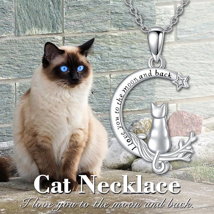Cat Gifts for Women 925 Sterling Silver Heart Moon Cat Necklace Pendant Women Jewelry Halloween Christmas Gifts