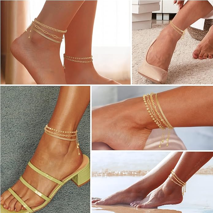 Sterling Silver Anklet Bracelets for Women Waterproof, 925 Sliver Plated CZ & Heart Charm Dainty Layer Anklets for Women Trendy, Simple Chain Anklets Set Gifts for Women, Jewelry Gifts for Her Women Mom Wife Girlfriend