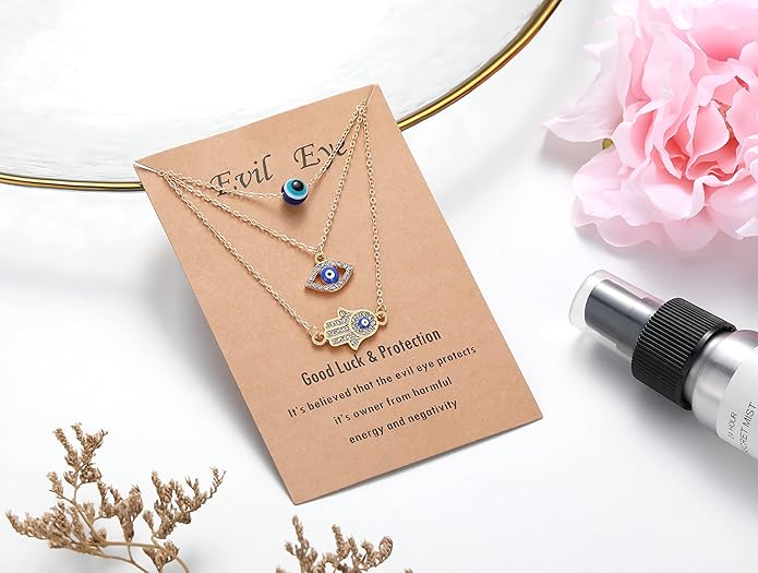 Baydurcan Dainty Evil Eye Necklace and Hamsa Necklace Turkish Blue Eye Hand Pendant Necklace 3pcs Lucky Jewelry Gift for Women